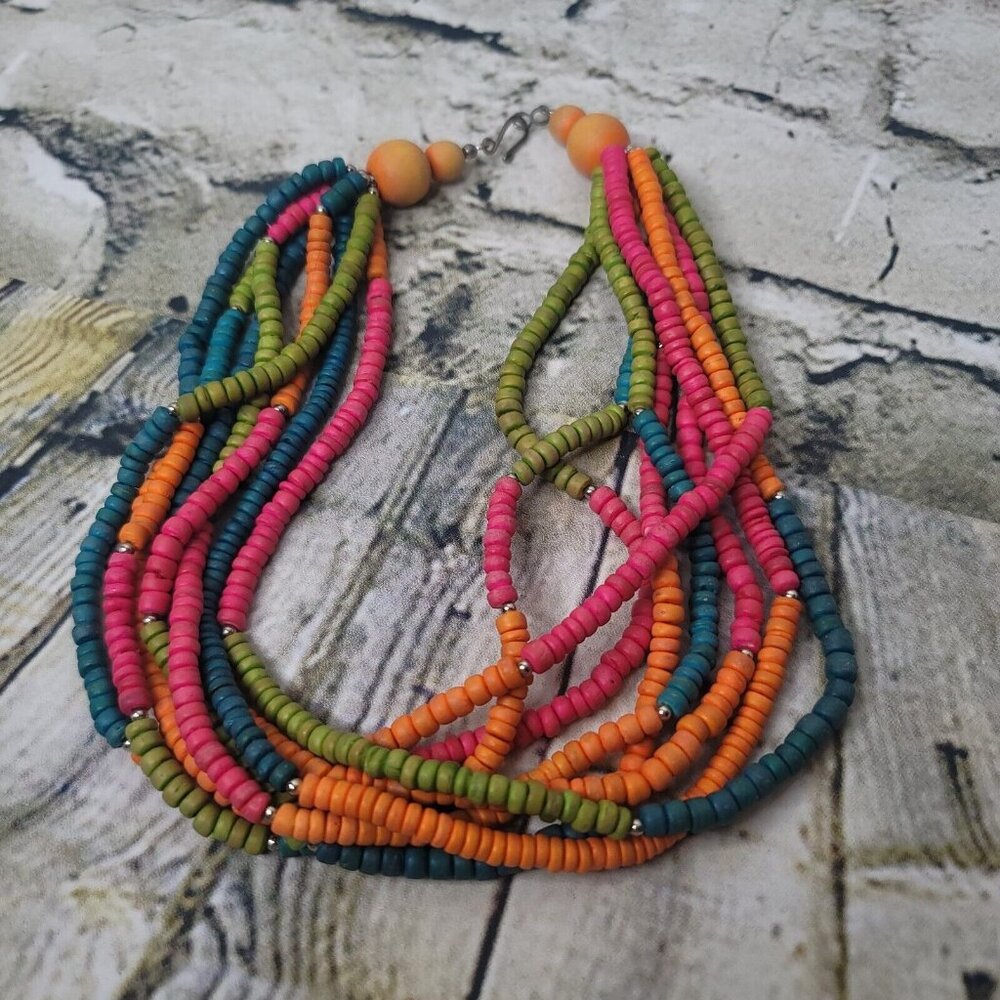 17" Colorful Layered Multi Strand Wooden Beads Necklace Tropical Summer Boho